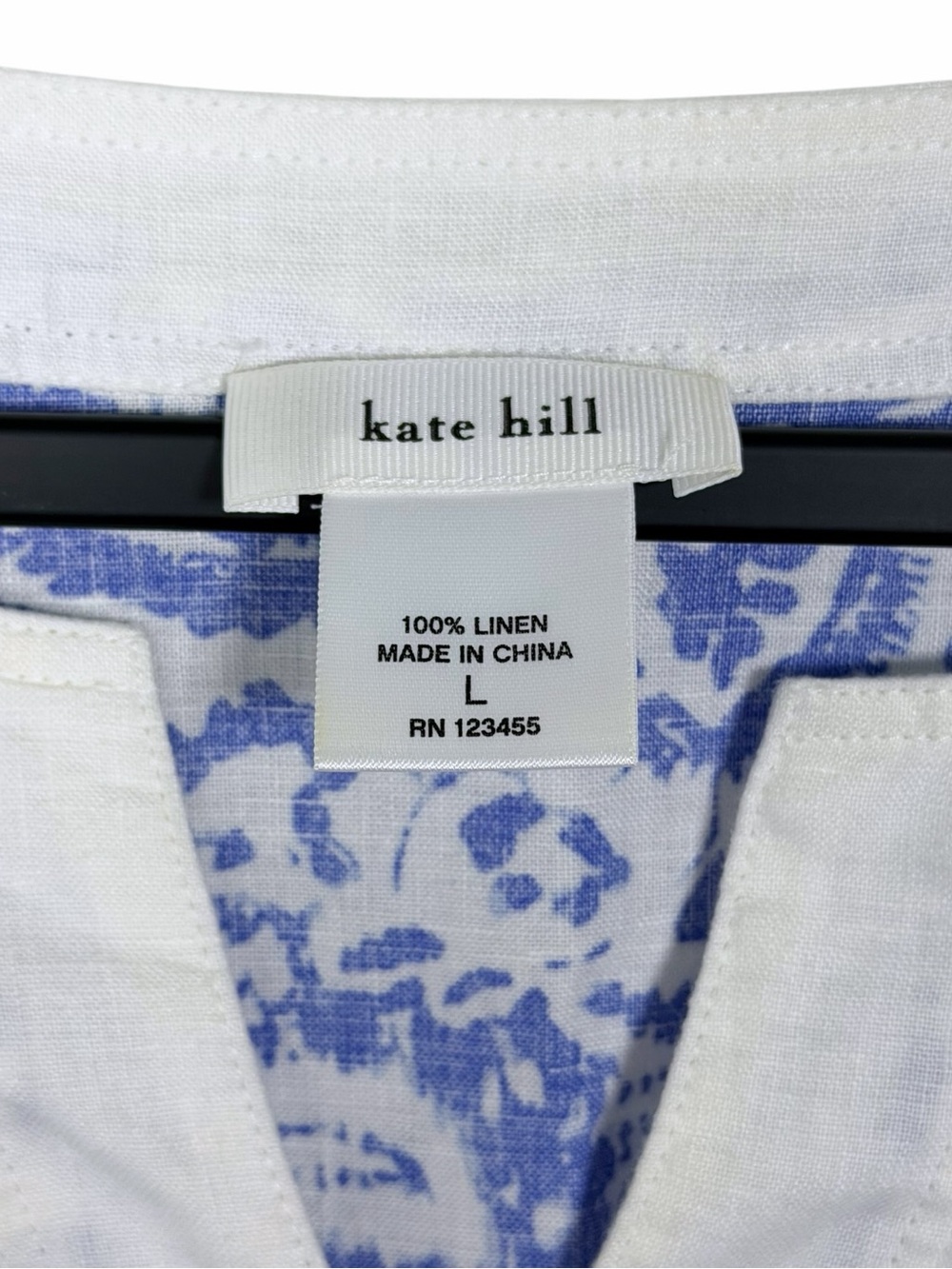 Kate Hill 100% Linen Blue White Print Split Neck Tunic Top L - Picture 5 of 7